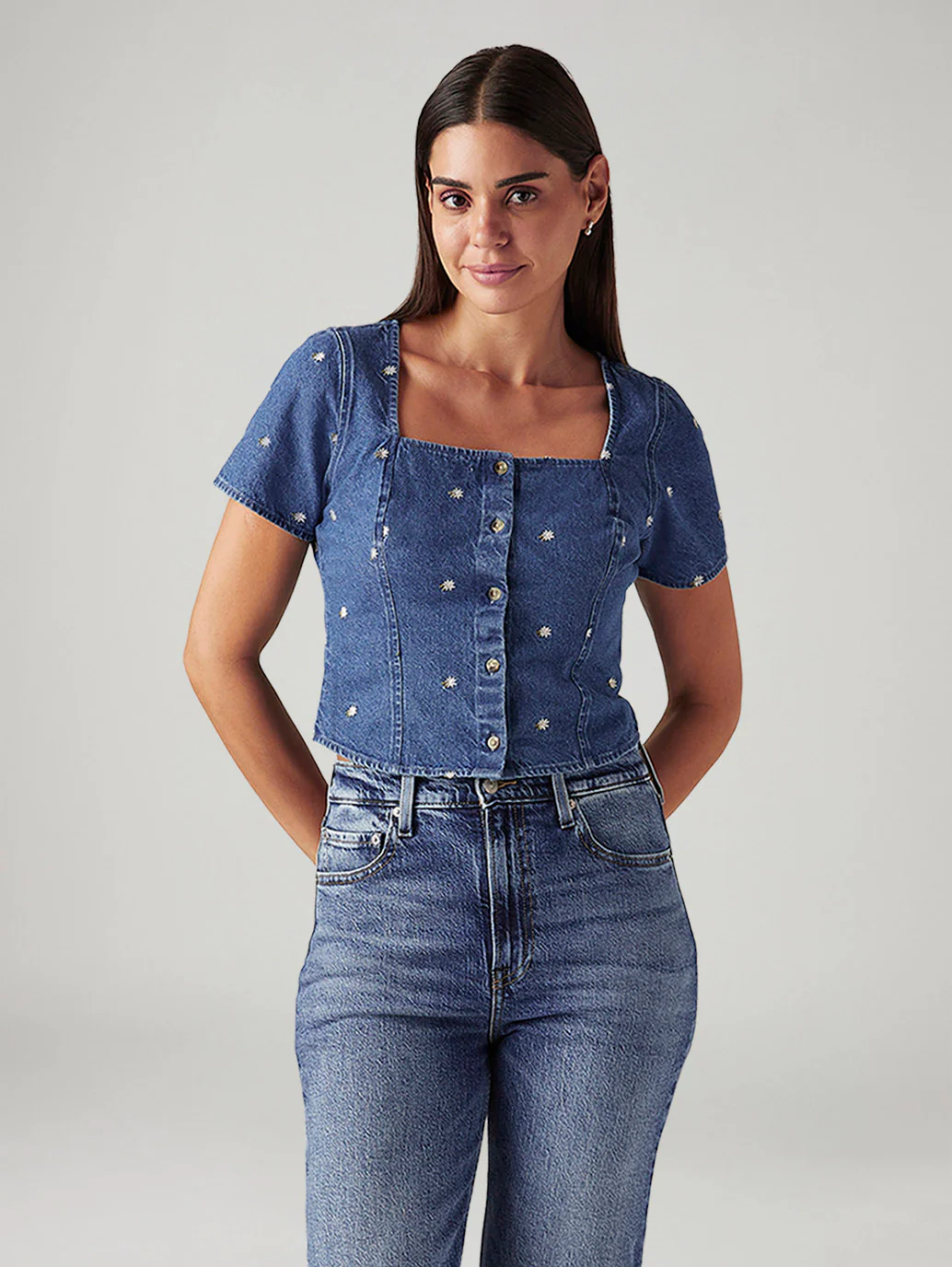 Women's Embroidered Blue Square Neck Top