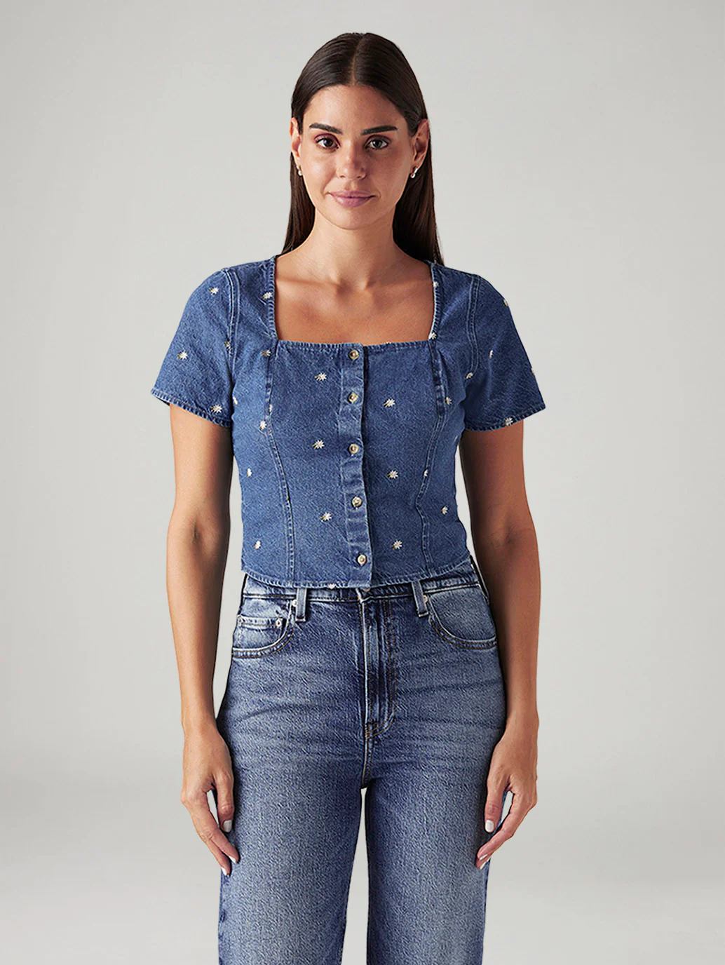 Women's Embroidered Blue Square Neck Top - Image 2