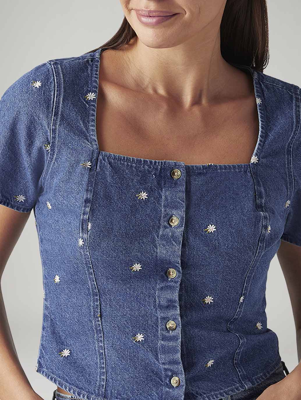 Women's Embroidered Blue Square Neck Top - Image 4