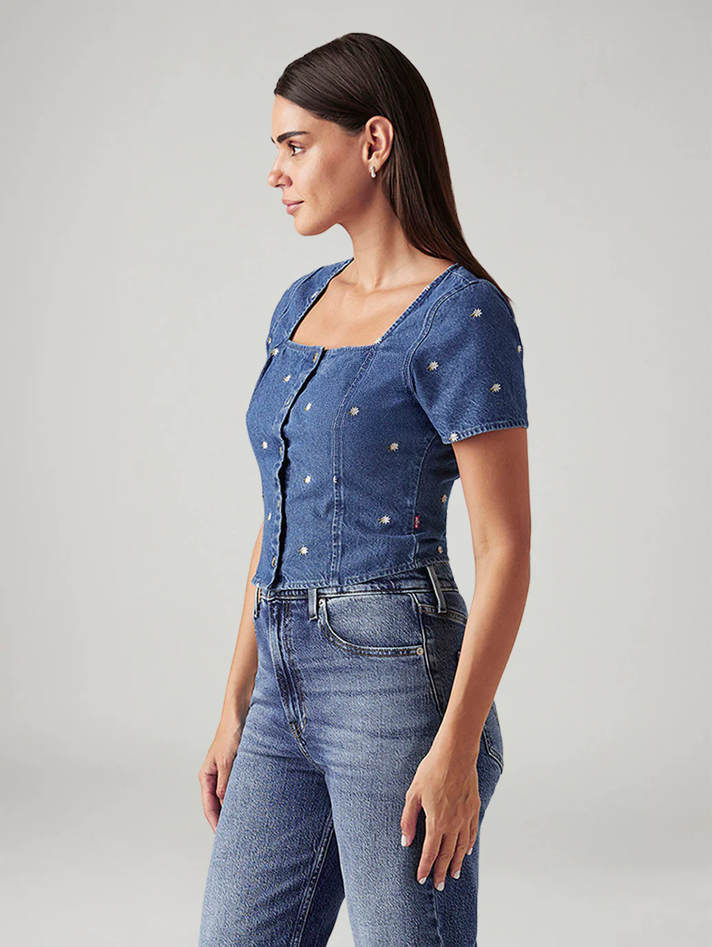 Women's Embroidered Blue Square Neck Top - Image 5