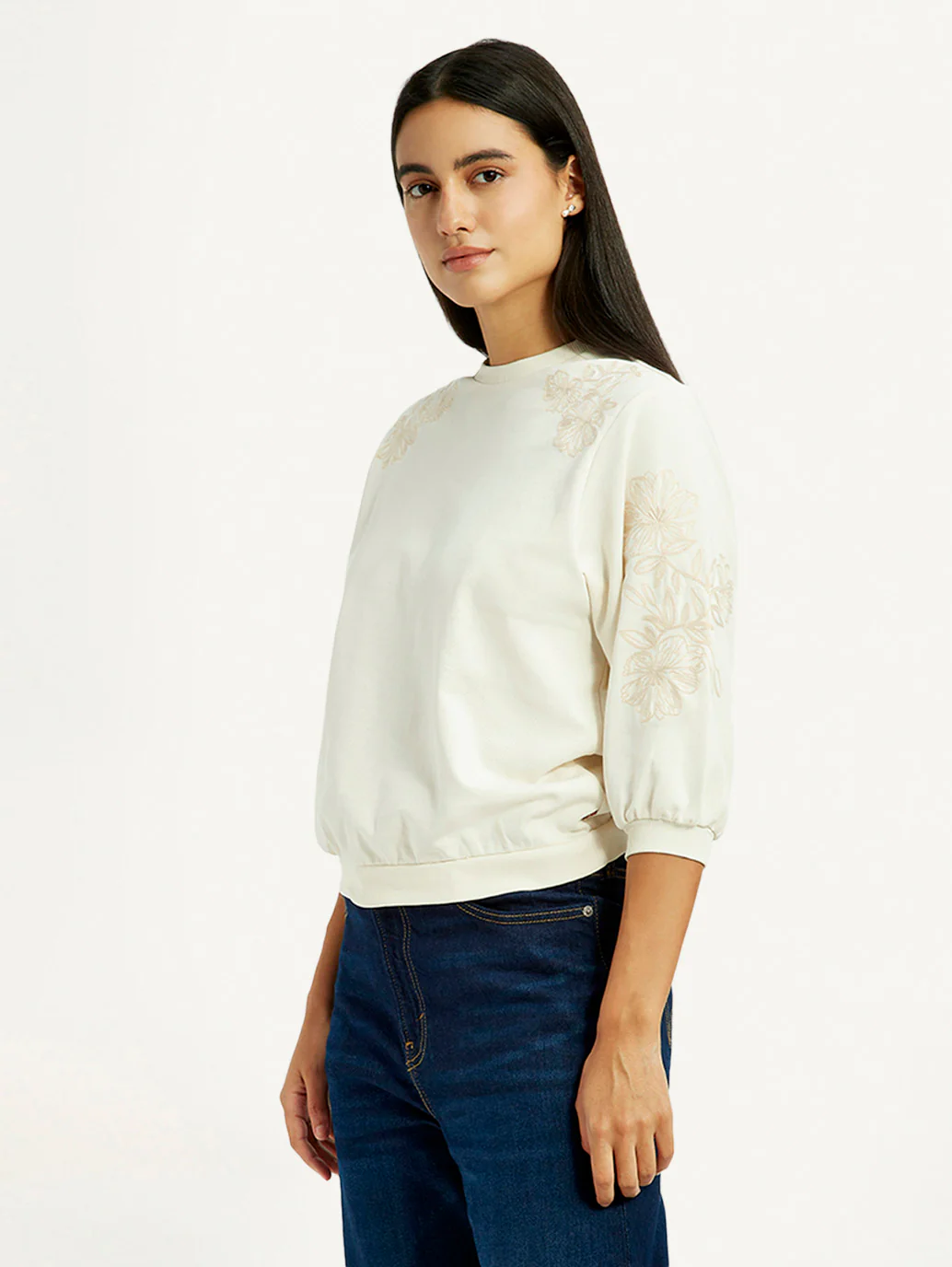 Women's Embroidered Cream Crew Neck Top - Image 4