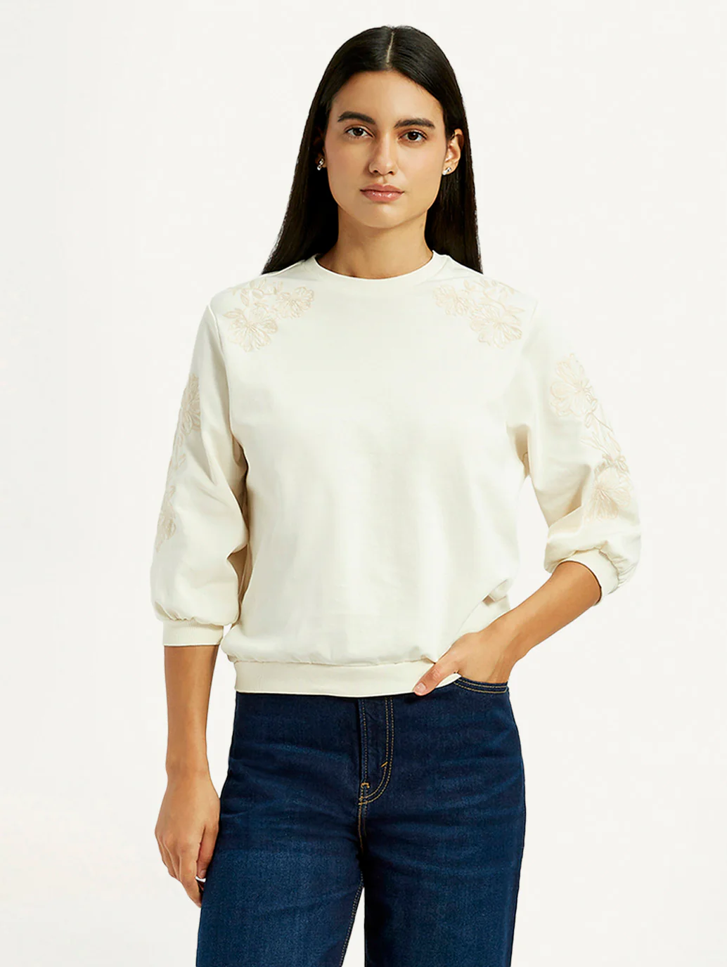 Women's Embroidered Cream Crew Neck Top - Image 5