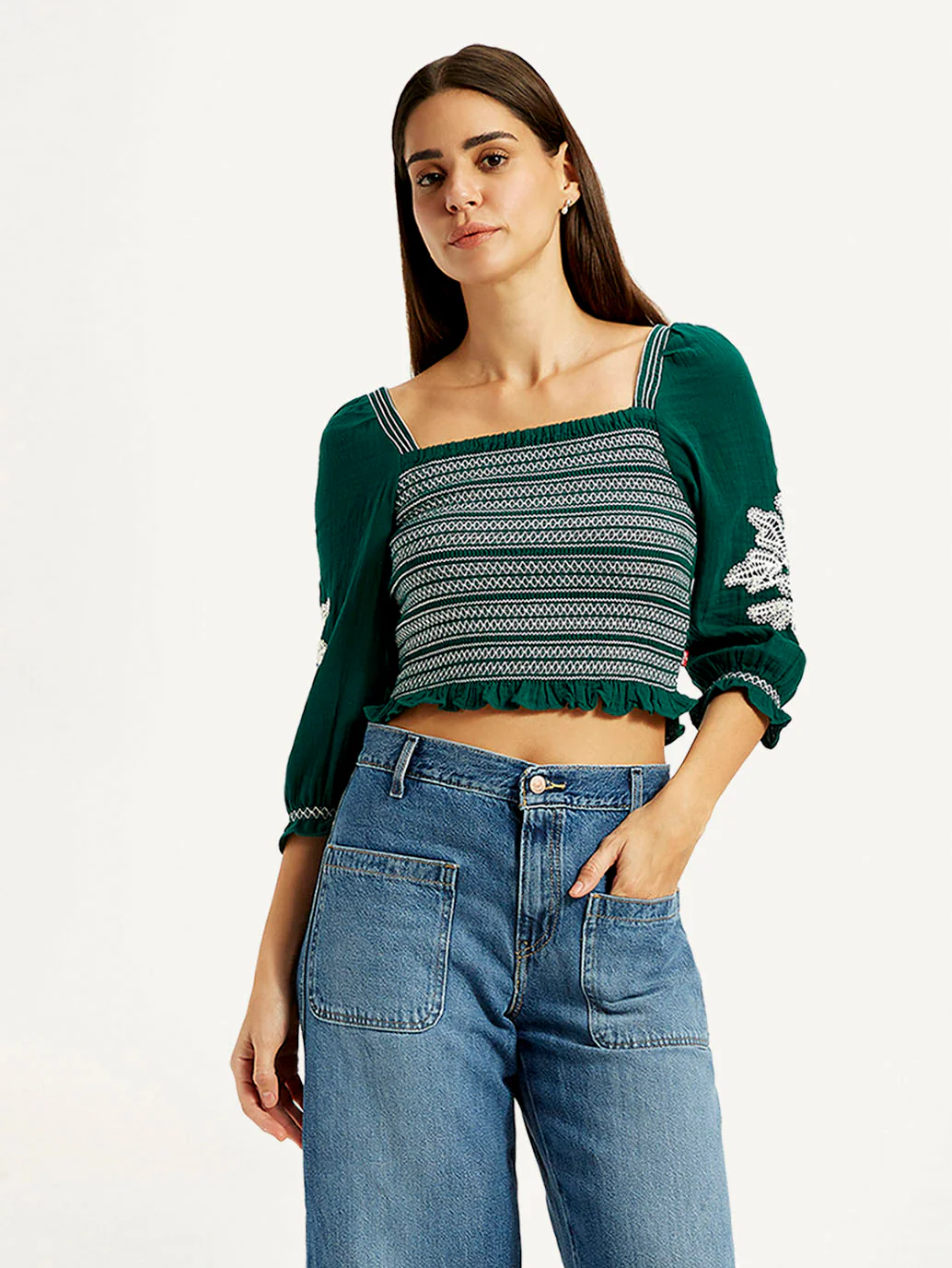 Women's Embroidered Green Square Neck Top - Image 2