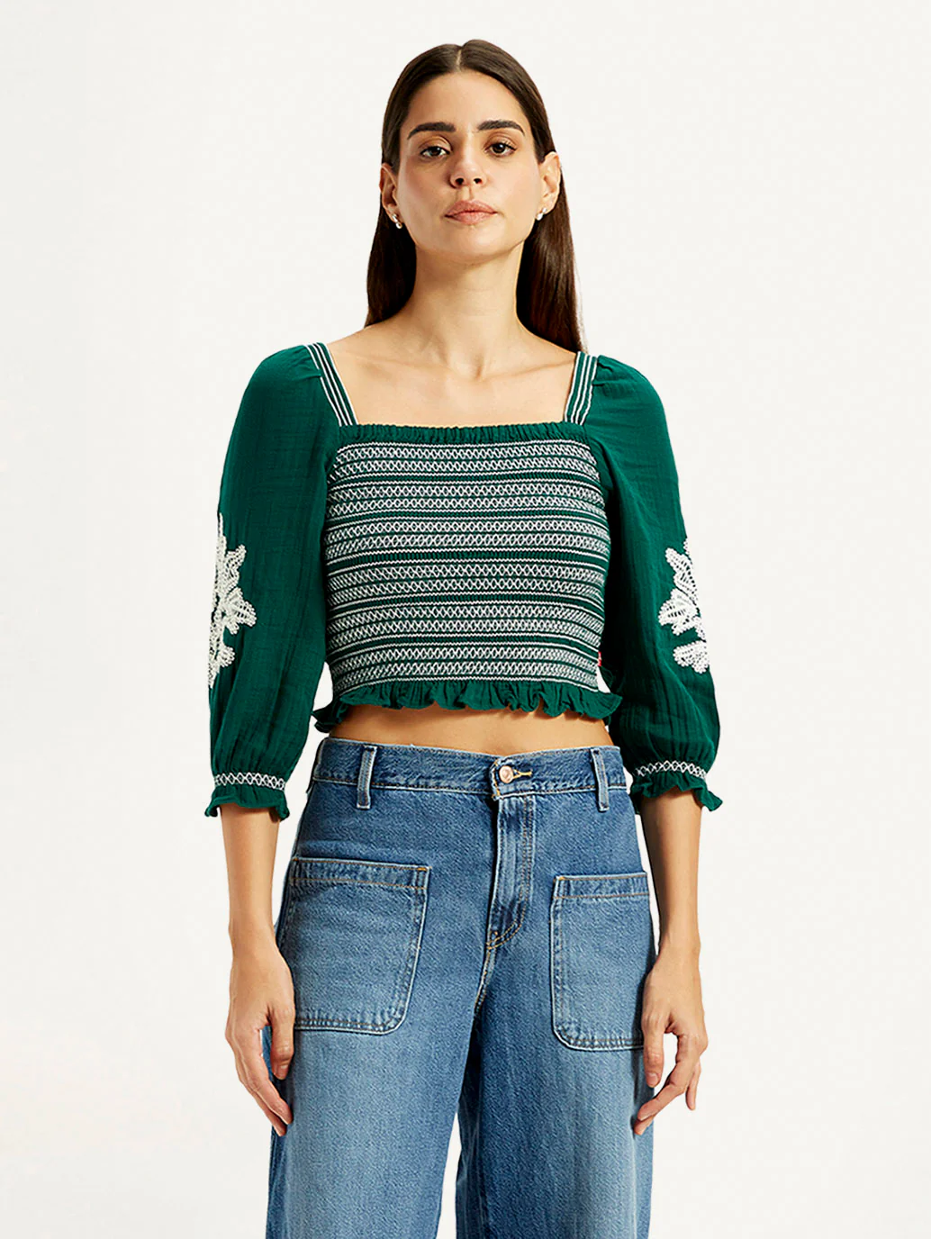 Women's Embroidered Green Square Neck Top - Image 3