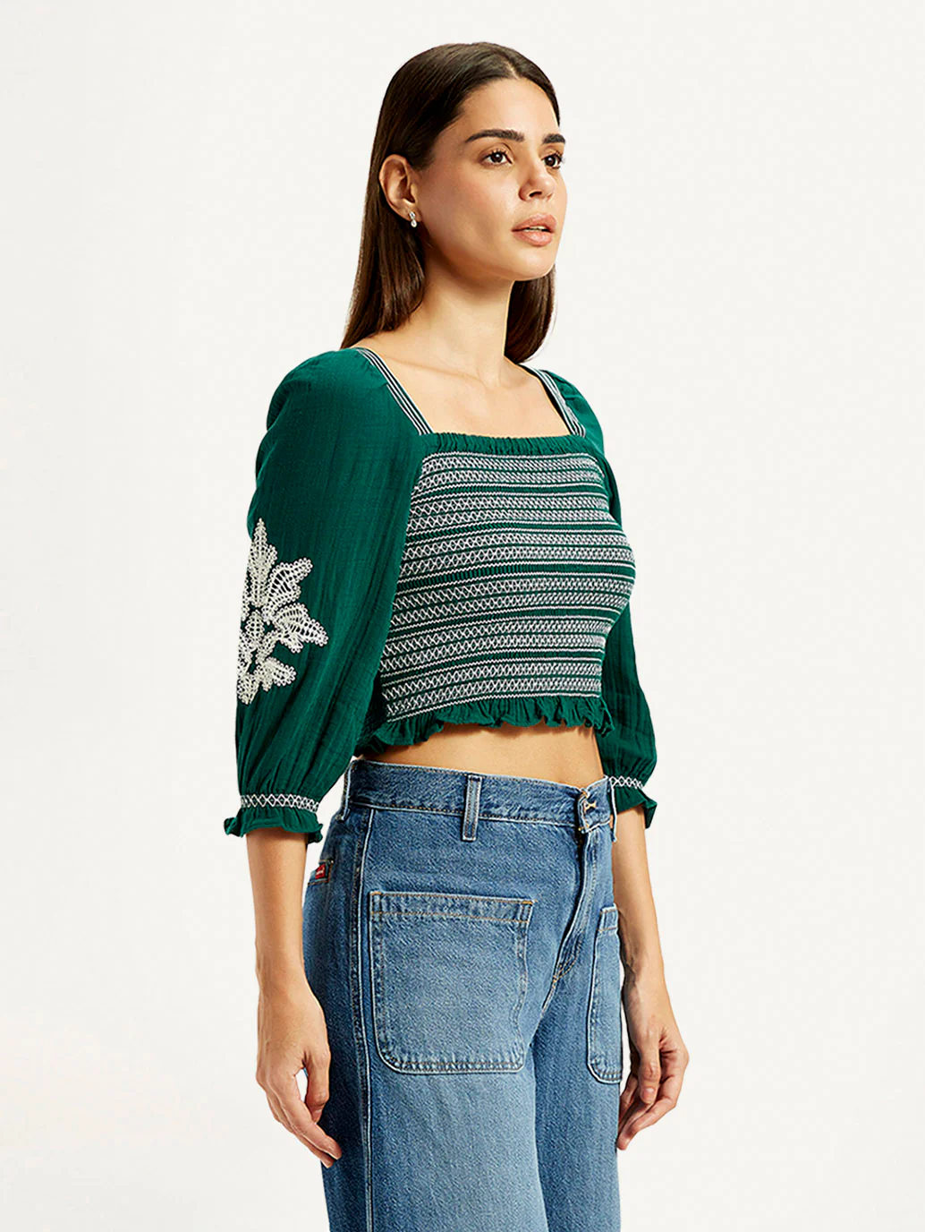 Women's Embroidered Green Square Neck Top - Image 6