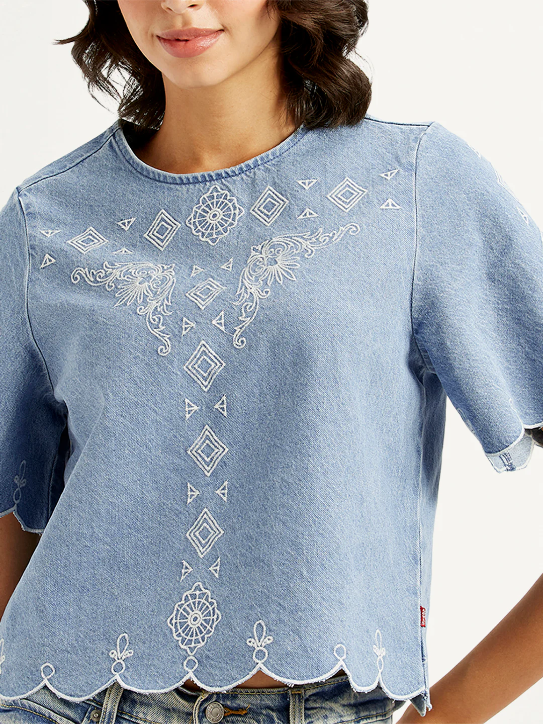Women's Embroidered Light-Blue Round Neck Crop Top - Image 3