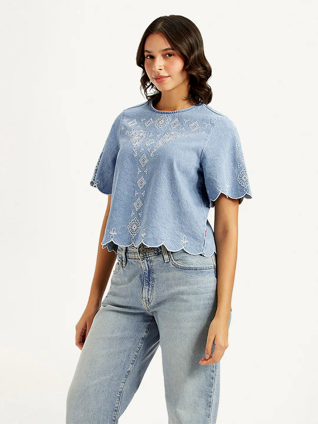 Women's Embroidered Light-Blue Round Neck Crop Top - Image 4