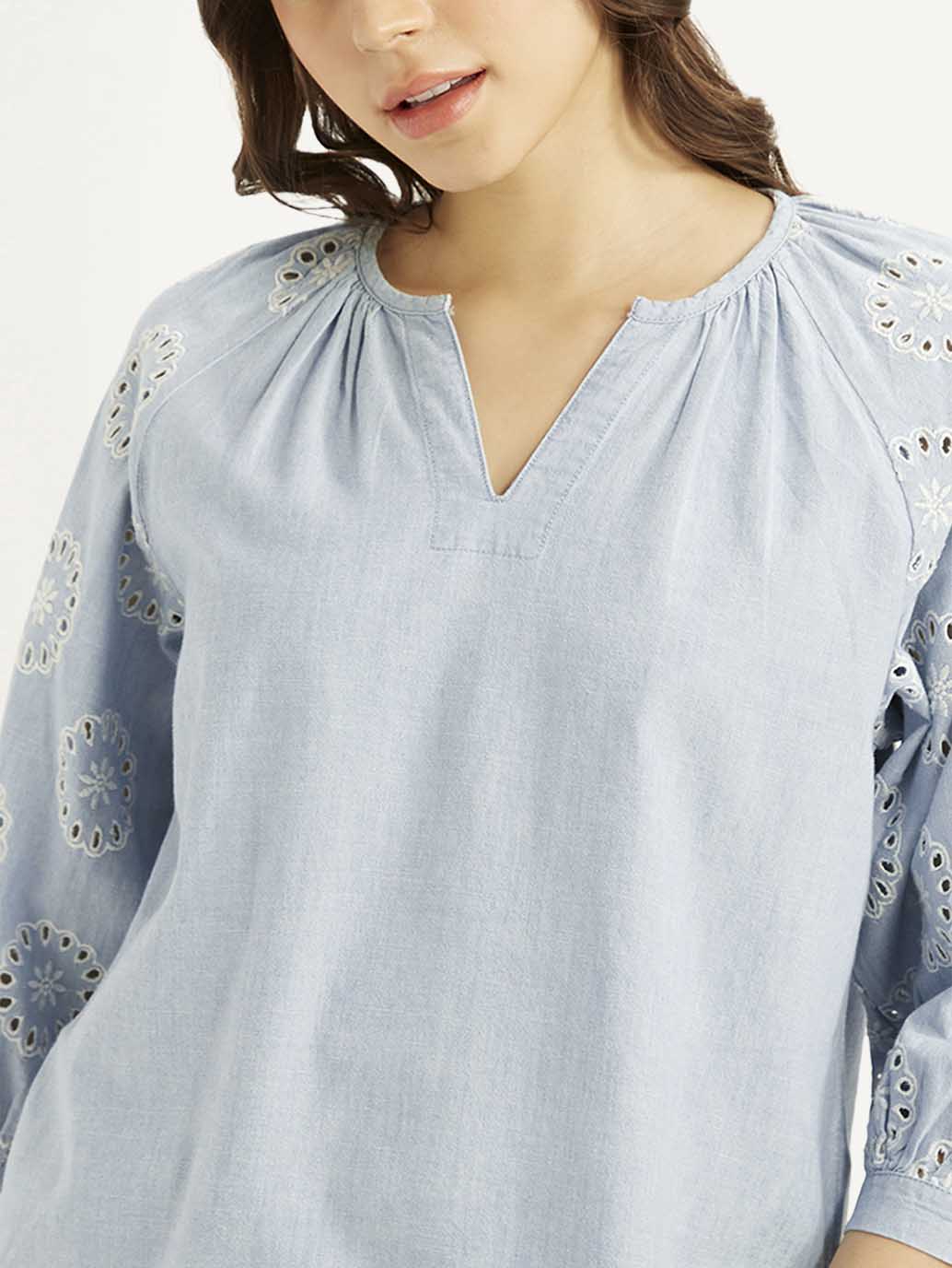 Women's Embroidered Light-Blue Round Neck Top - Image 3