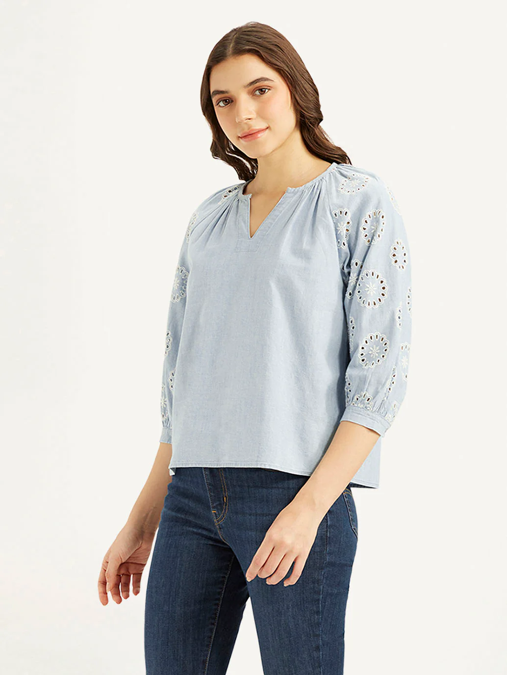 Women's Embroidered Light-Blue Round Neck Top - Image 4