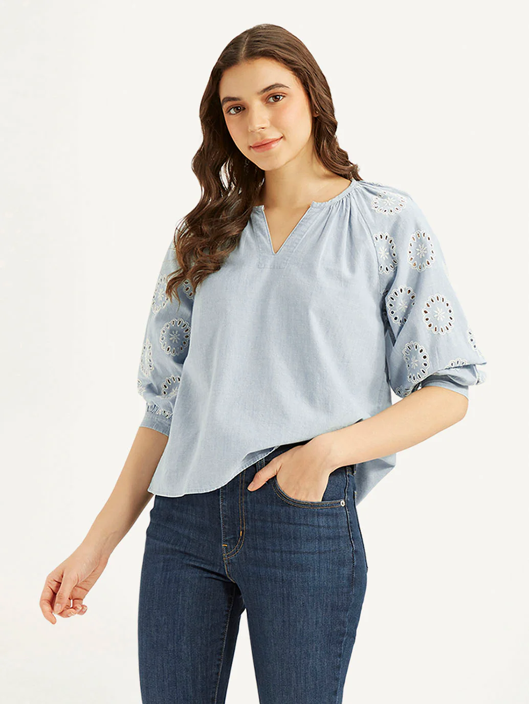 Women's Embroidered Light-Blue Round Neck Top - Image 5