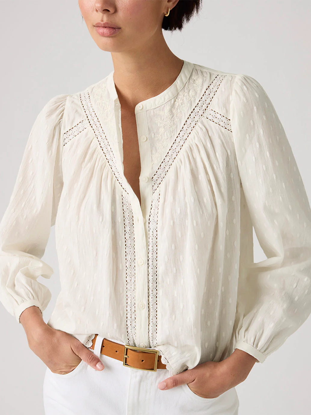Women's Embroidered Off-White Band Neck Top - Image 4