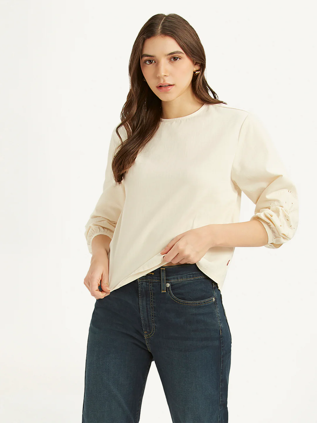 Women's Embroidered Off White Round Neck Top