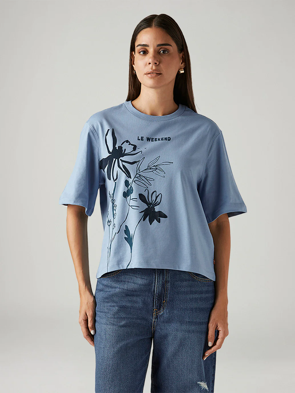 Women's Floral Light Blue Relaxed Fit T-shirt - Image 5