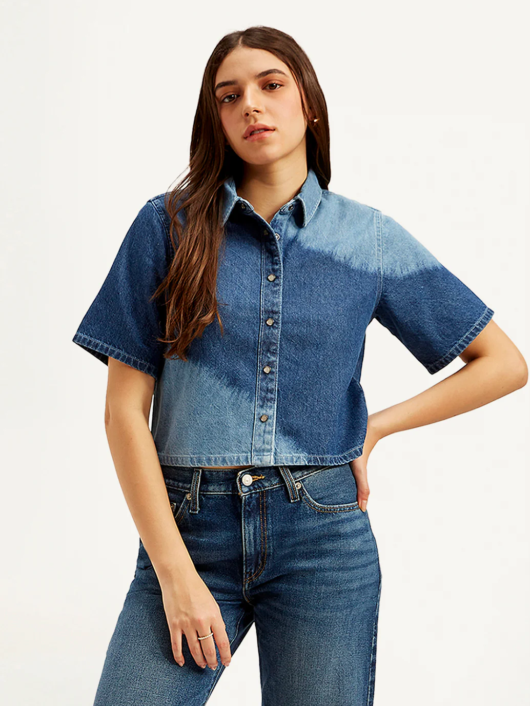 Women's Colorblock Spread Collar Denim Shirt - Image 2
