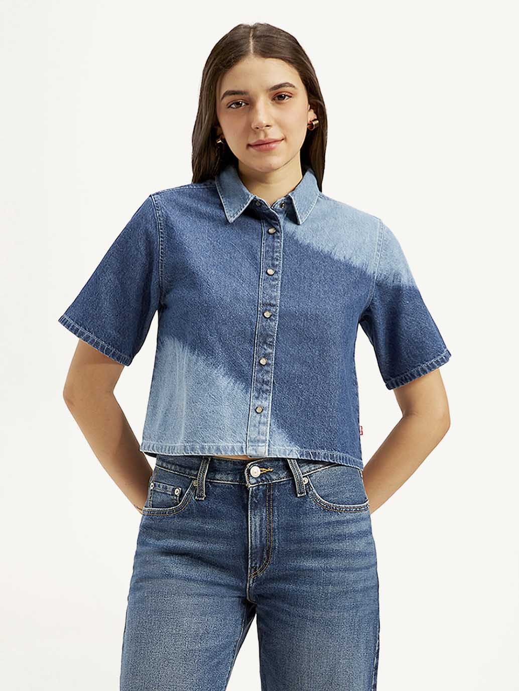 Women's Colorblock Spread Collar Denim Shirt - Image 3
