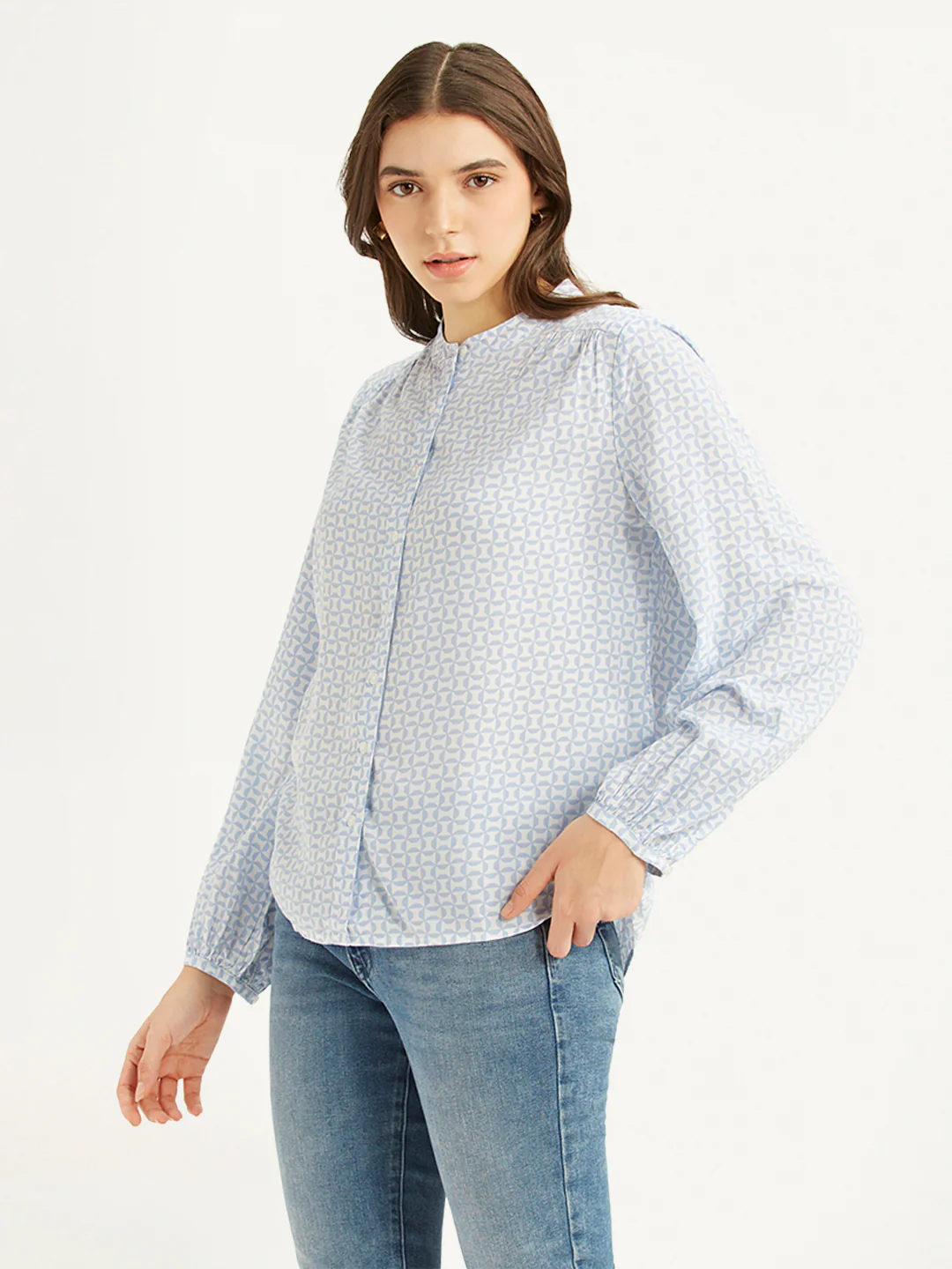 Women's Geometric Light Blue Band Neck Top - Image 4