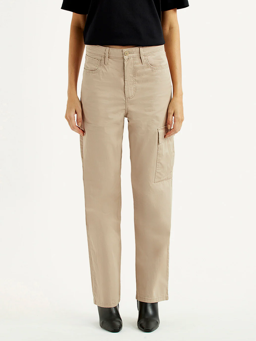 Women's High Rise Beige Ribcage Straight Fit Cargo Trousers - Image 3
