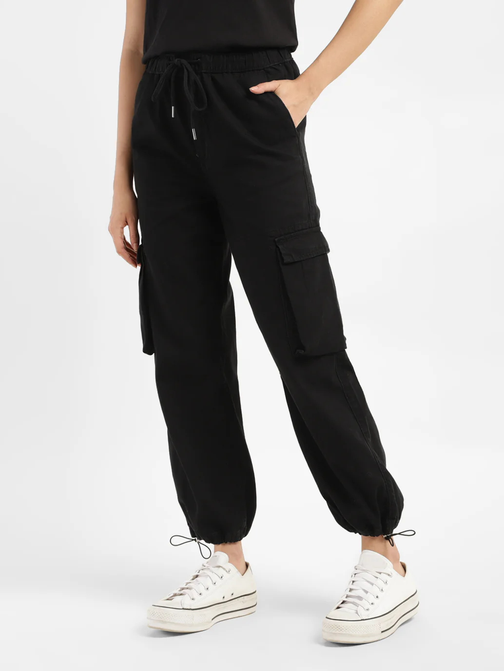 Women's Black Relaxed Fit High Rise Cargo Jogger - Image 3
