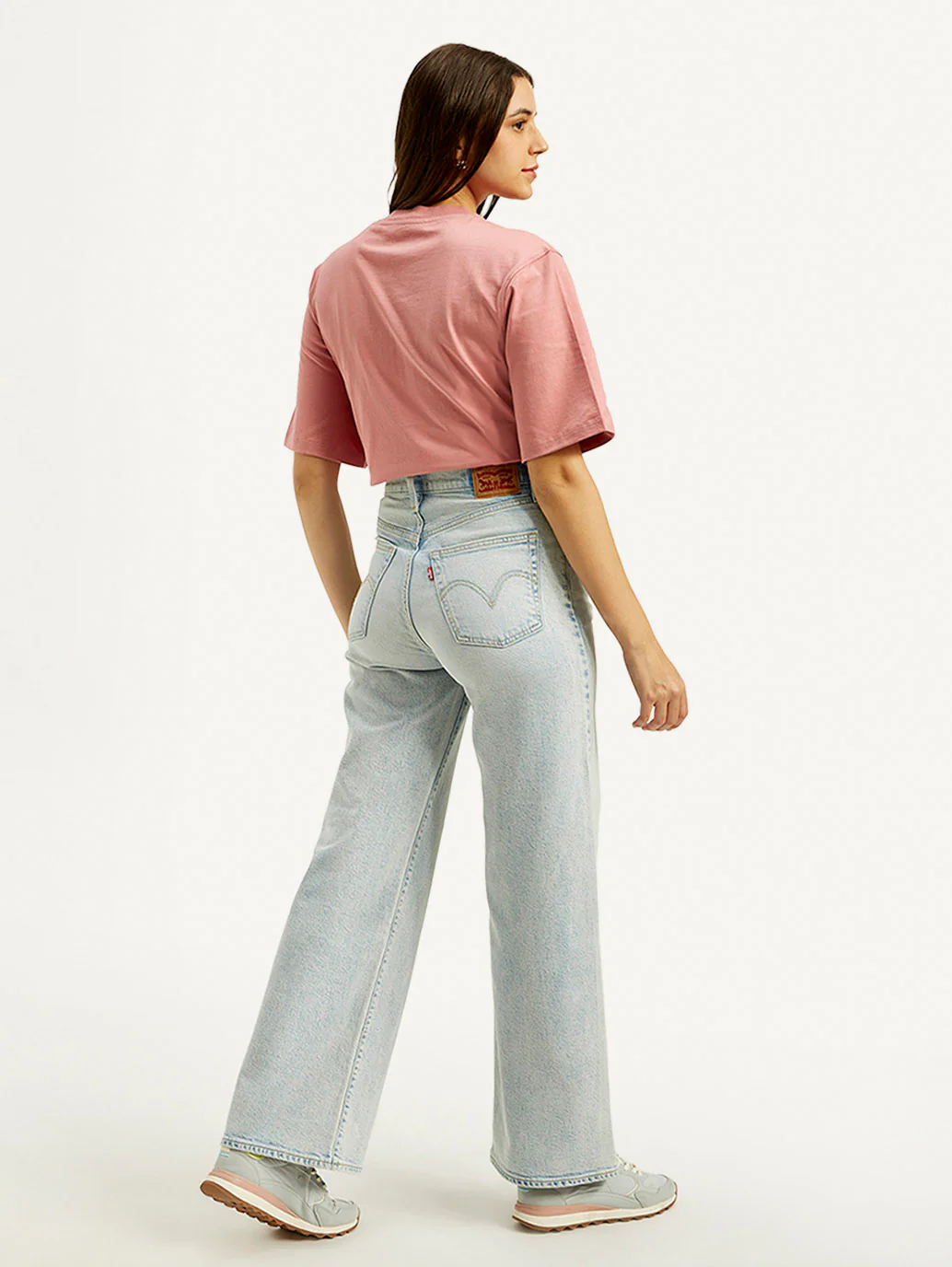 Women's Light Blue Ribcage Bell Bottom Wide Leg Fit High Rise Jeans - Image 3
