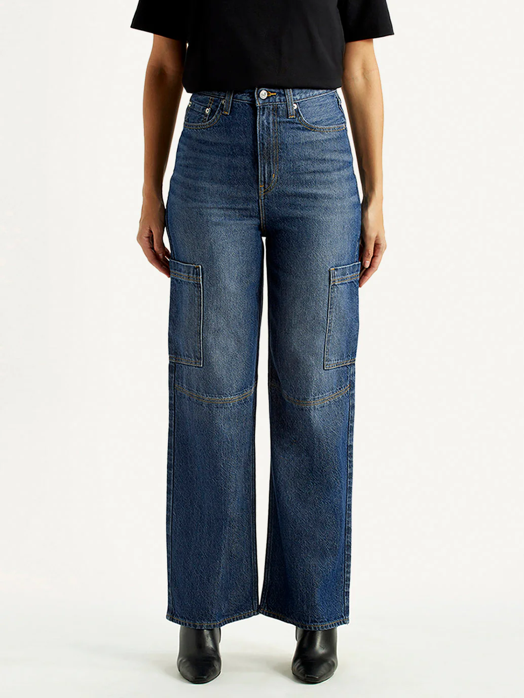 Women's Med Indigo Loose Fit High Rise Jeans - Image 3