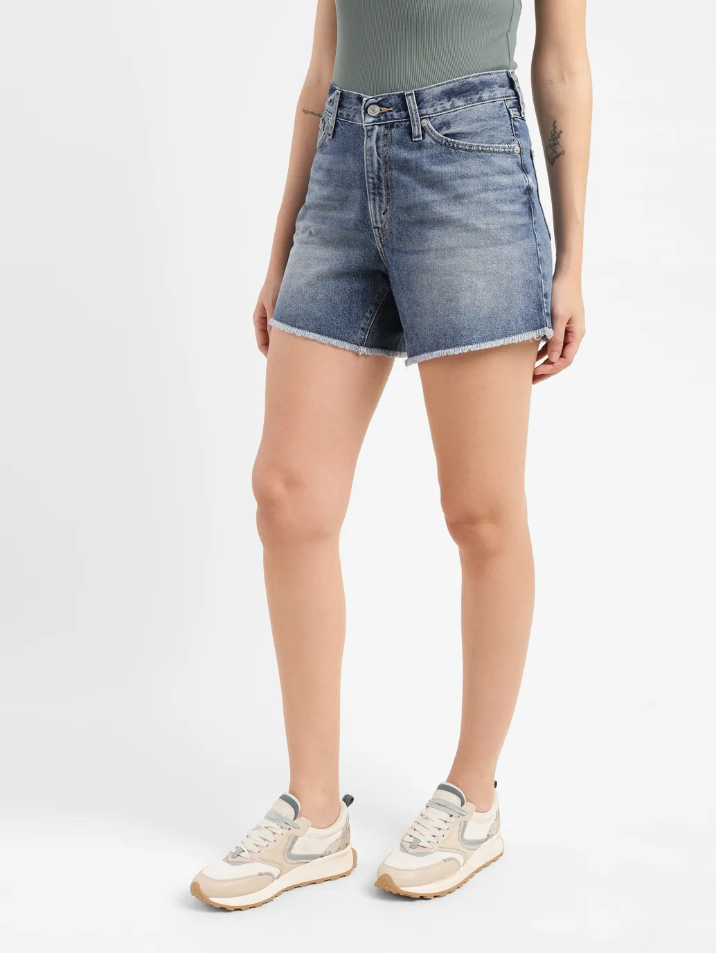 Women's High Rise Mid Indigo Regular Fit Denim Shorts - Image 4