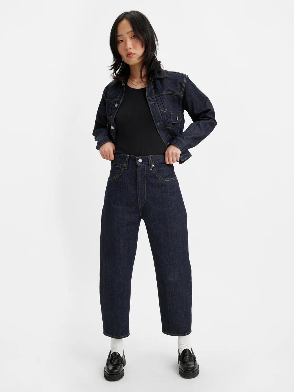 Women's Navy Blue Barrel Loose Fit High Rise Jeans