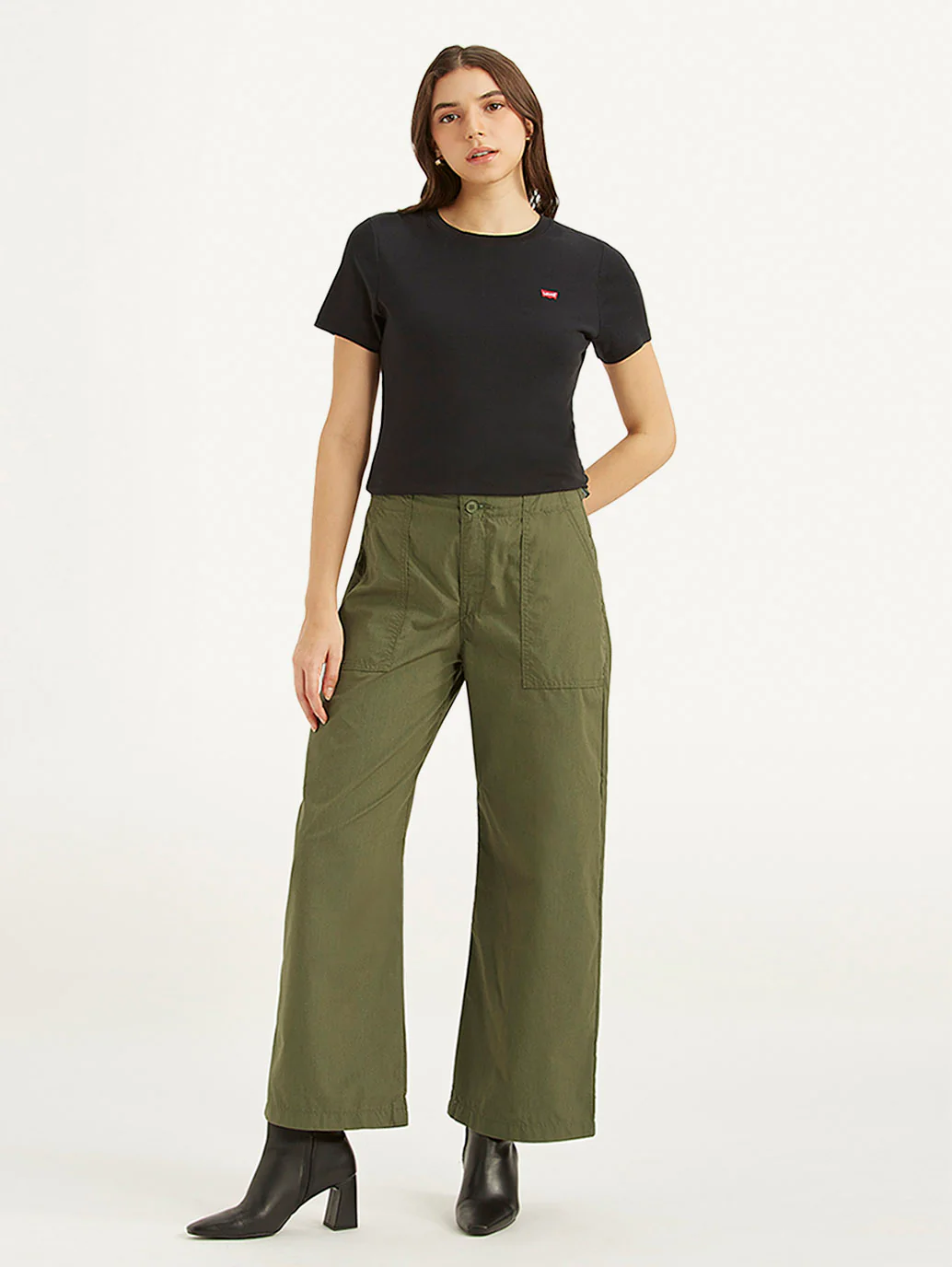 Women's Mid Rise Olive Baggy Cargo Trousers - Image 2