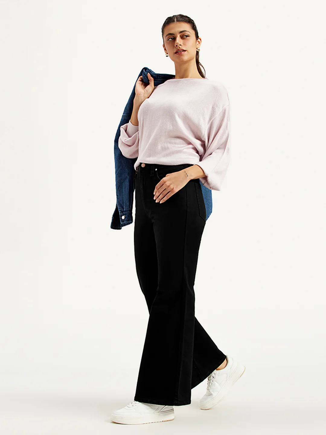 Women's Black Ribcage Bell Bottom Wide Leg Fit High Rise Jeans