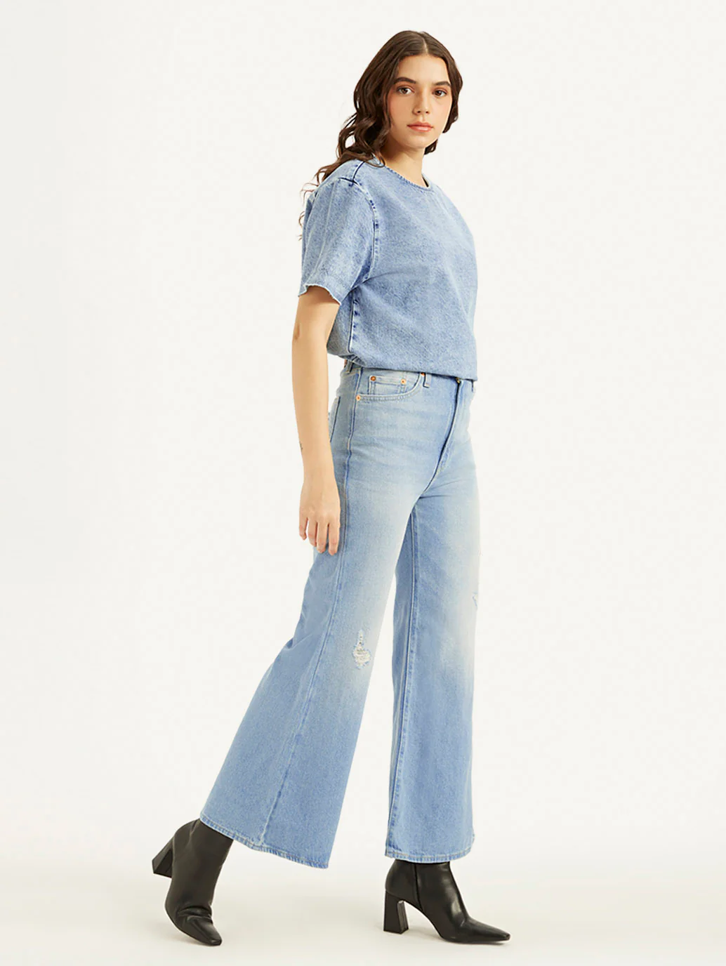 Women's Blue Ribcage Bell Bottom Wide Leg Fit High Rise Jeans - Image 5