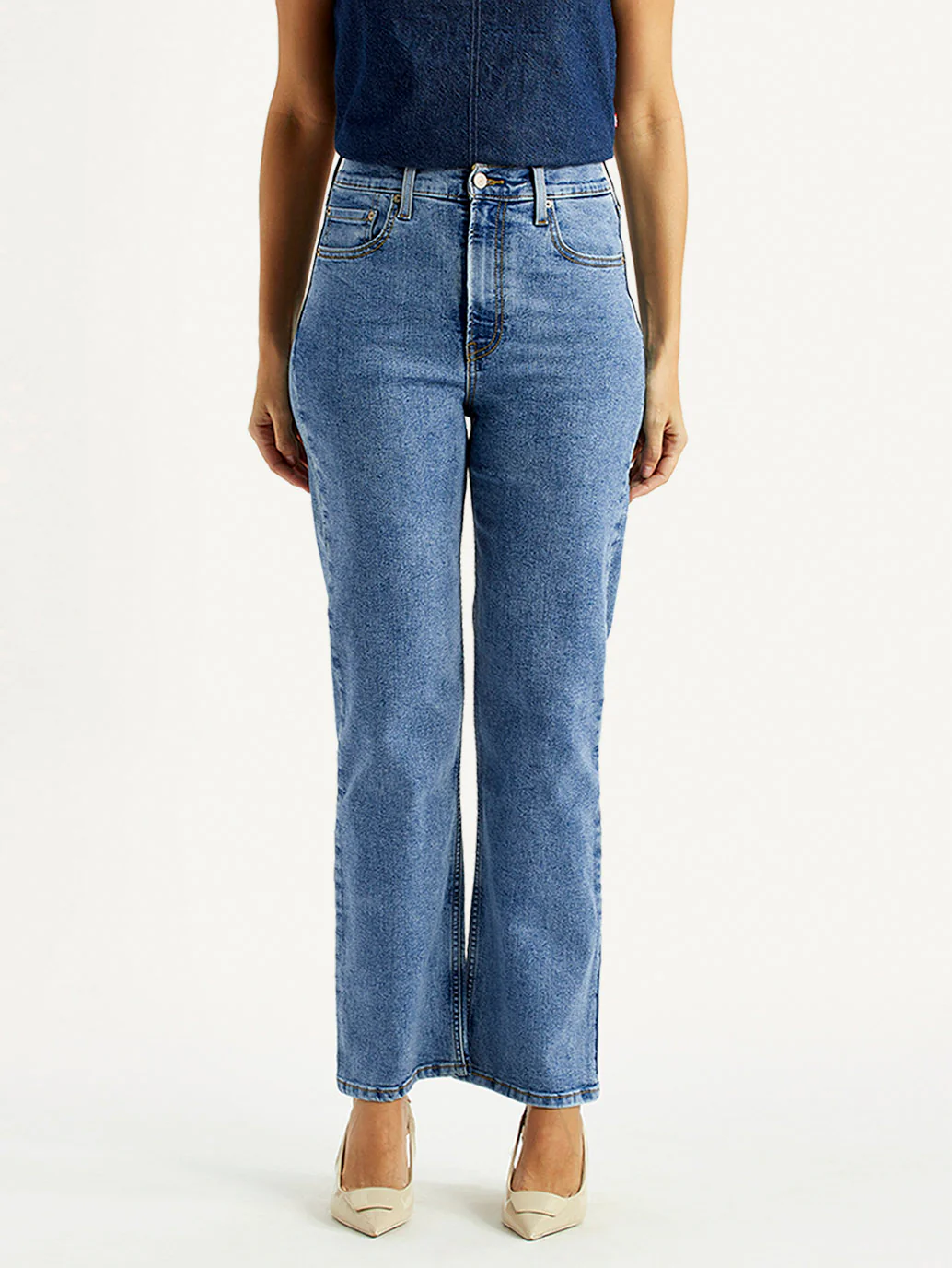 Women's Med Indigo Ribcage Straight Fit High Rise Jeans - Image 3