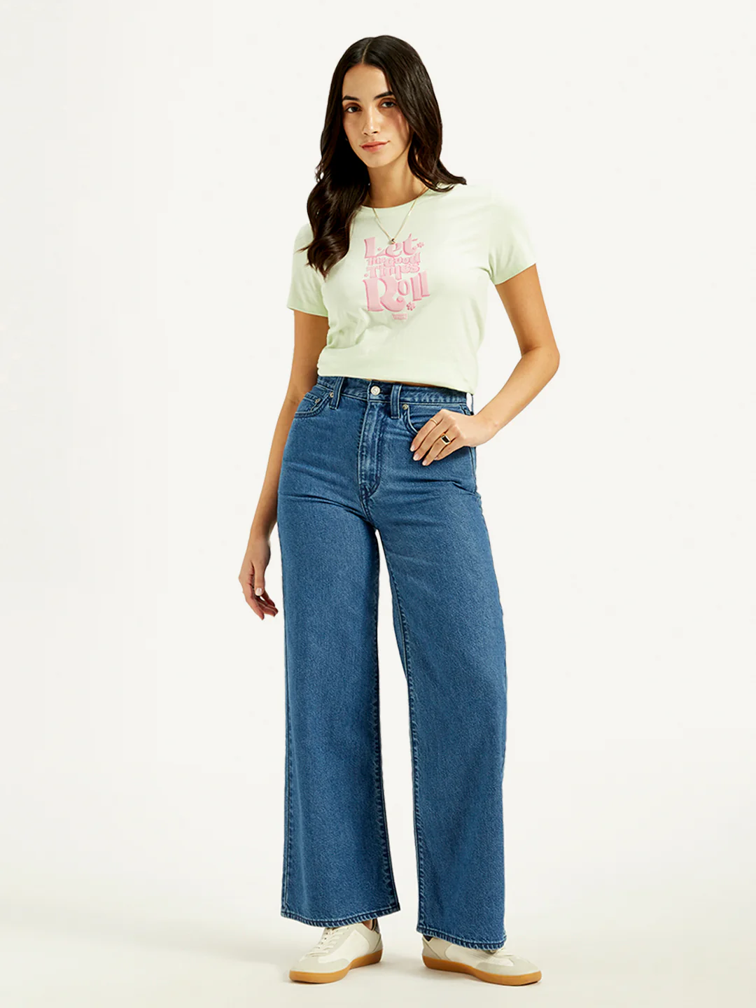 Women's Blue Ribcage Bell Bottom Wide Leg Fit High Rise Jeans