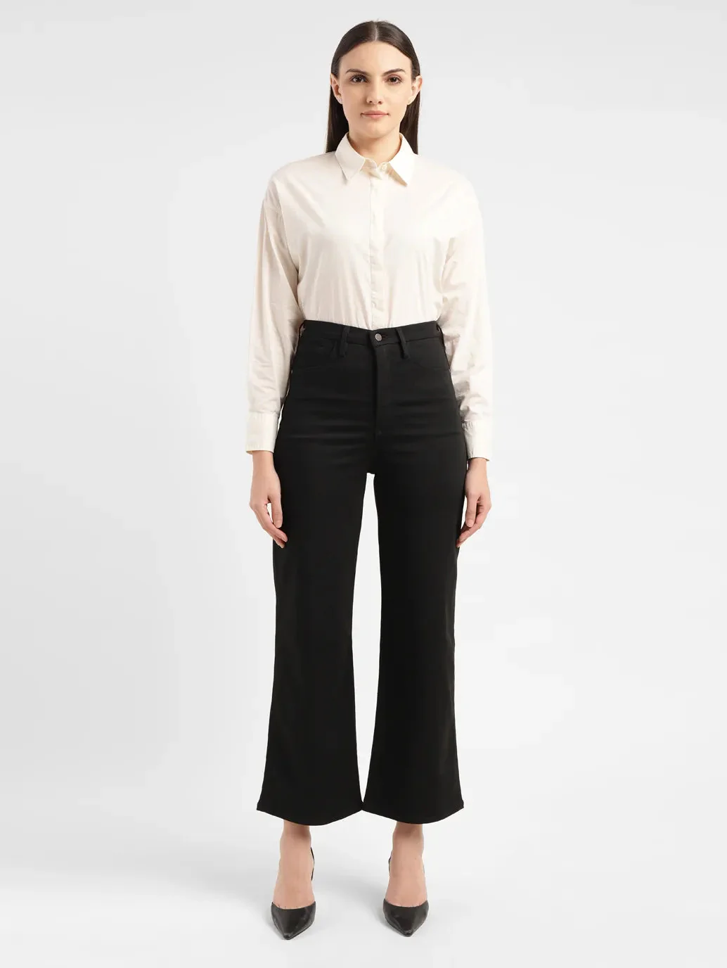 Women's Redloop Black Ribcage Bell Bottom Wide Leg Fit High Rise Jeans