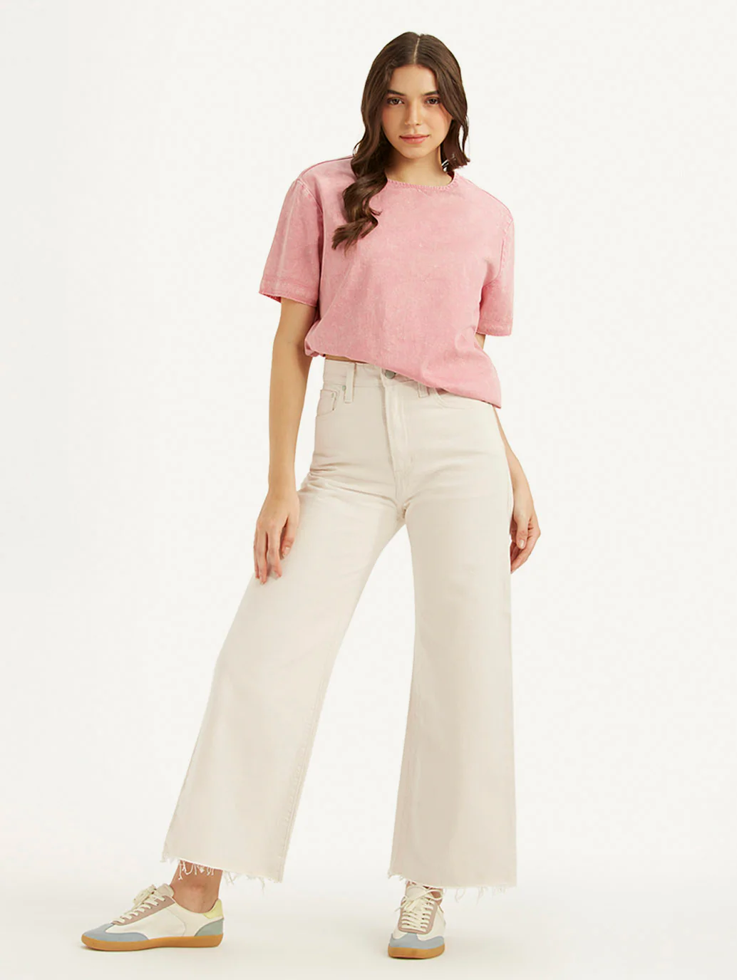 Women's Cream Ribcage Bell Bottom Wide Leg Fit High Rise Jeans