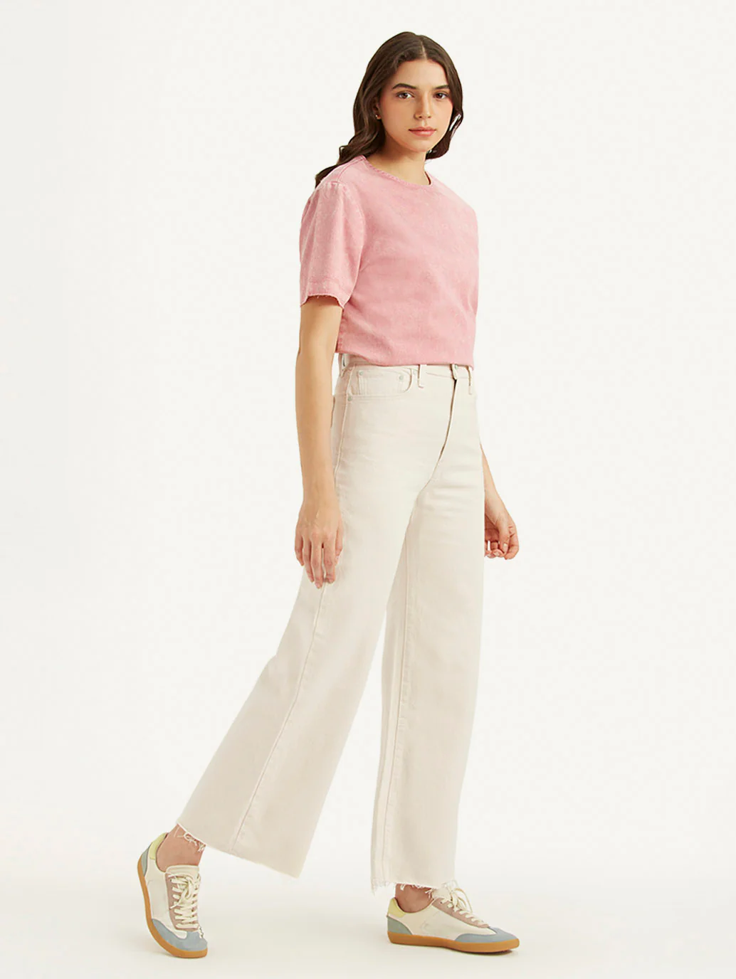 Women's Cream Ribcage Bell Bottom Wide Leg Fit High Rise Jeans - Image 4