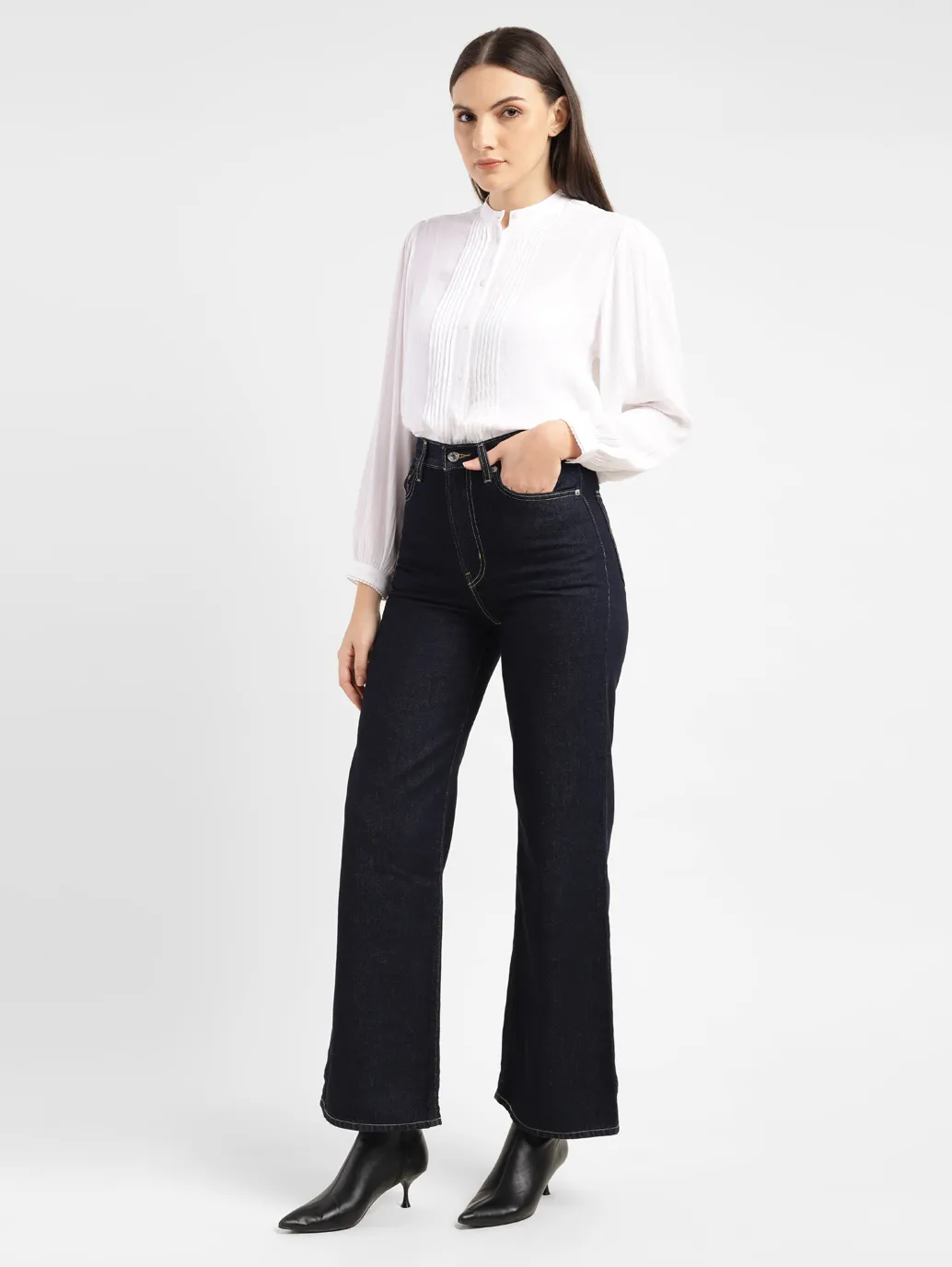 Women's Navy Blue Ribcage Bell Bottom Wide Leg Fit High Rise Jeans - Image 7