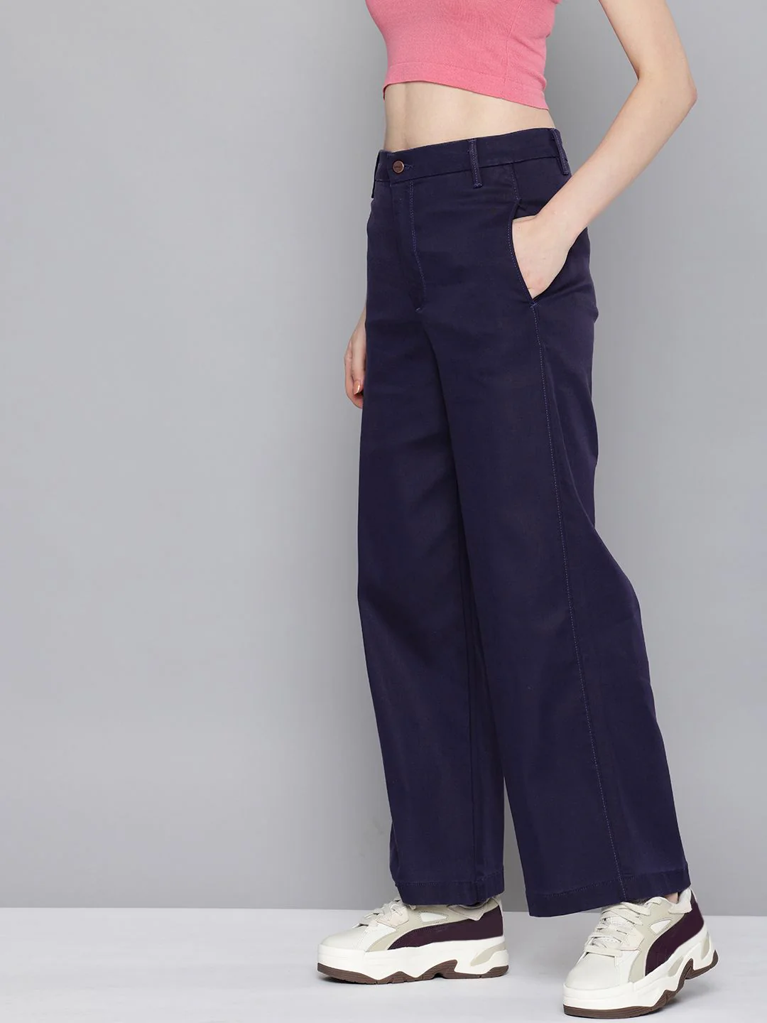 Women's Redloop Navy Blue Ribcage Bell Bottom Wide Leg Fit High Rise Jeans - Image 2