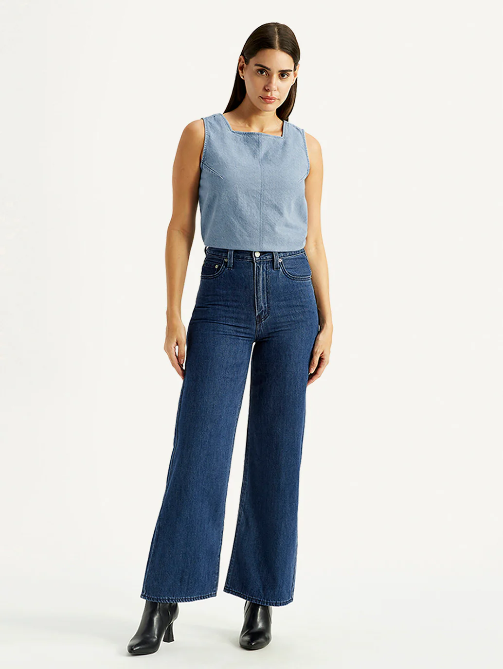 Women's Med Indigo Ribcage Wide Leg Fit Dark High Rise Jeans - Image 2