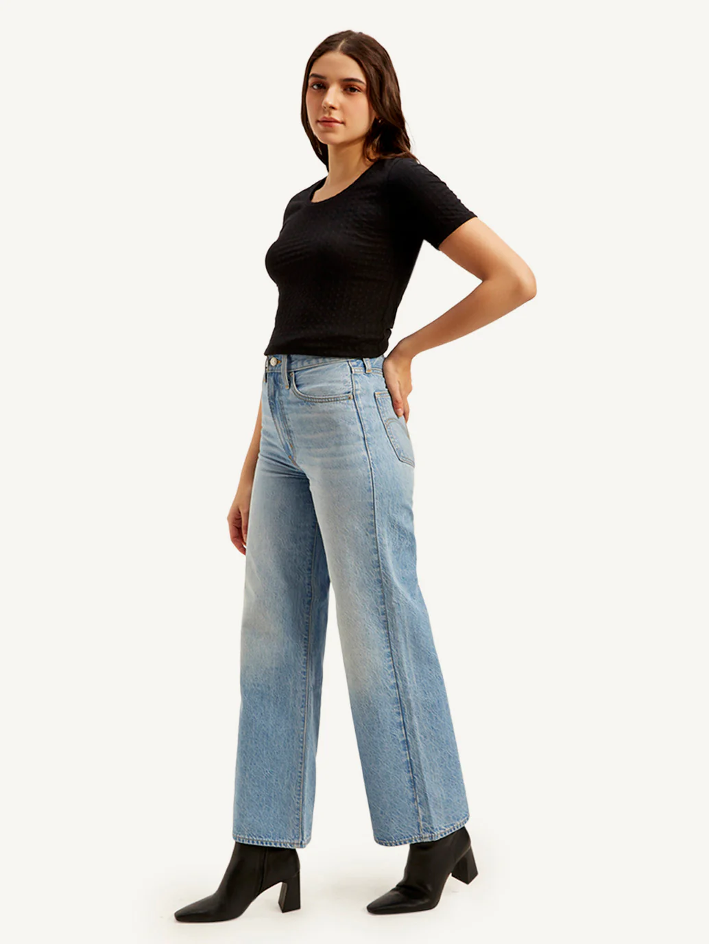 Women's Light Blue Ribcage Bell Bottom Wide Leg Fit High Rise Jeans - Image 5