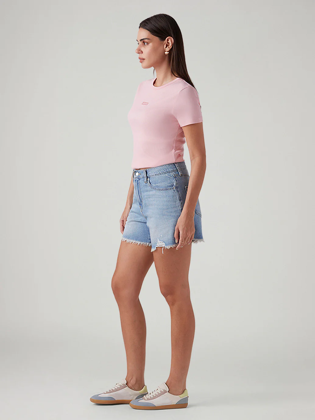 Women's Light Blue Ribcage Fit High Rise Shorts - Image 6