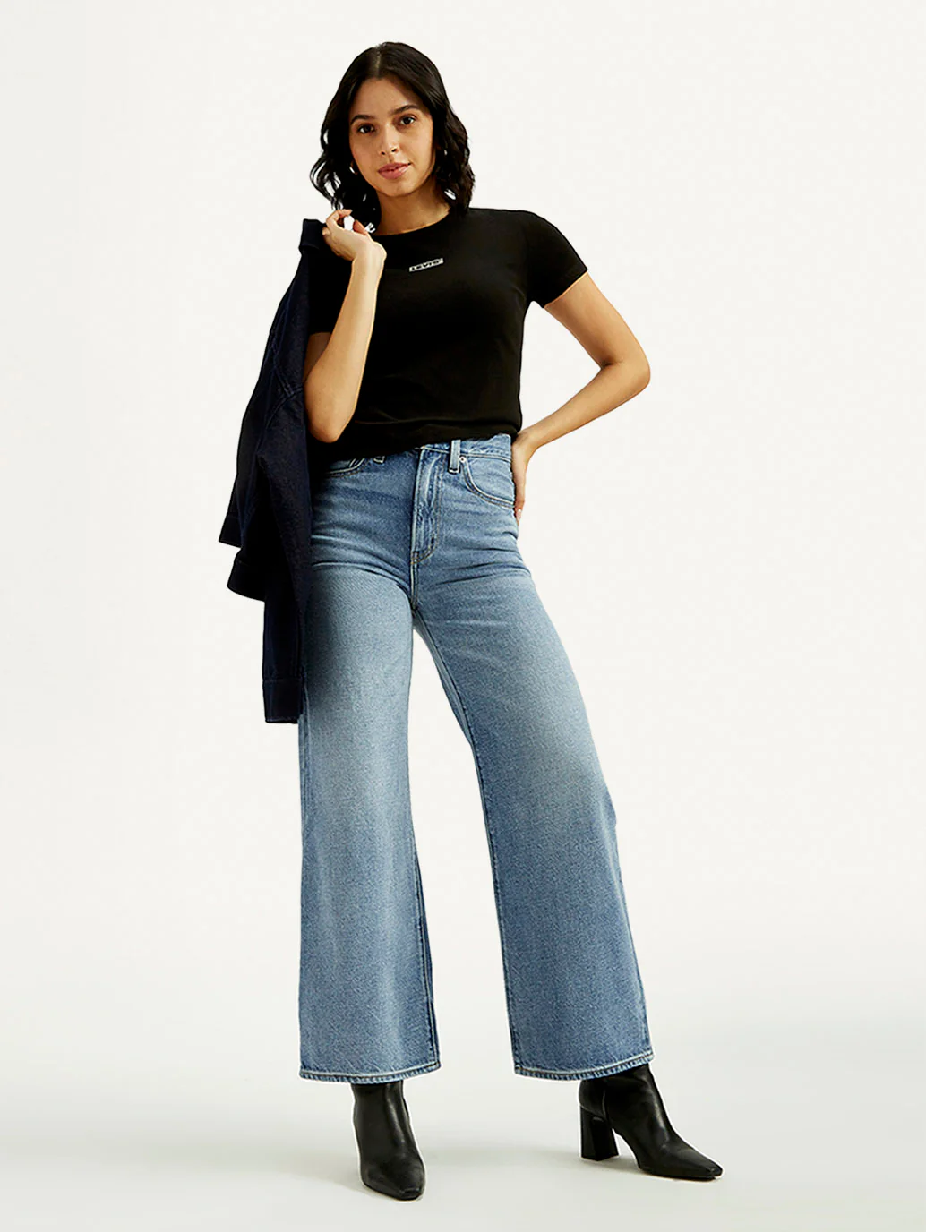 Women's Light Indigo Ribcage Wide Leg Fit High Rise Jeans