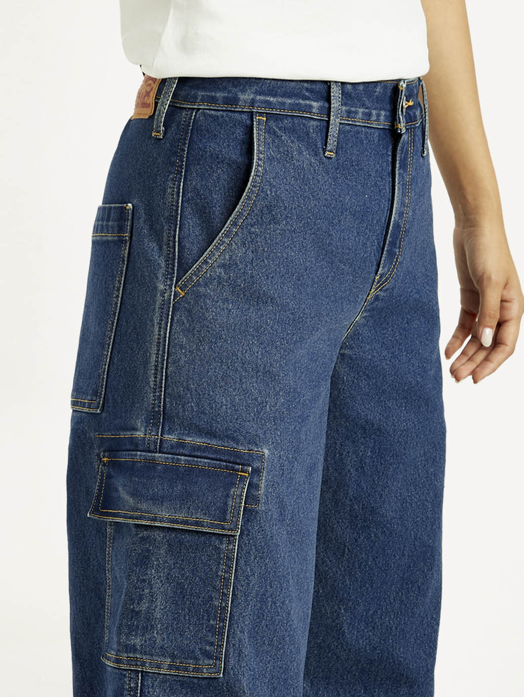 Women's Med Indigo Baggy Fit Mid Rise Cargo Jeans - Image 4