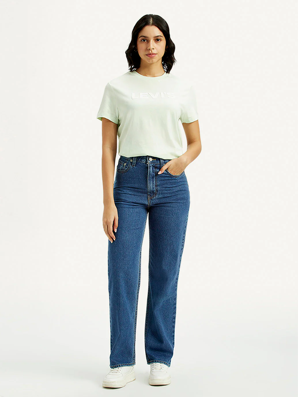 Women's Med Indigo Ribcage Straight Fit High Rise Jeans - Image 2