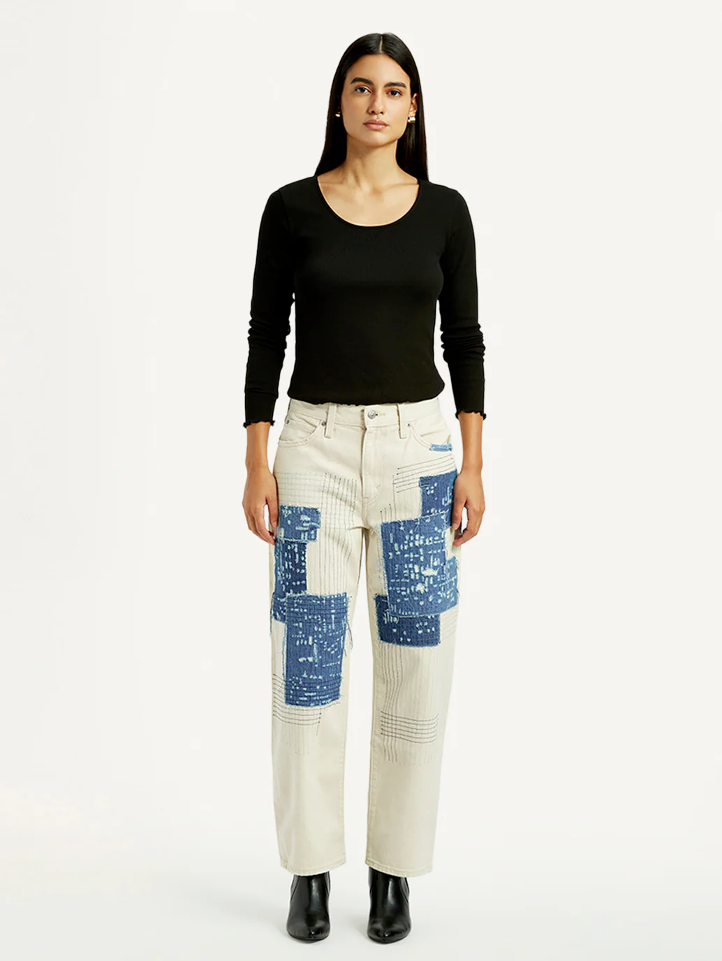 Women's Cream Baggy Fit Mid Rise Jeans - Image 6