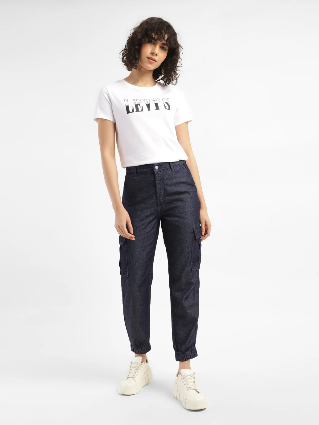 Women's Mid Rise Indigo Cargo Trousers - Image 6