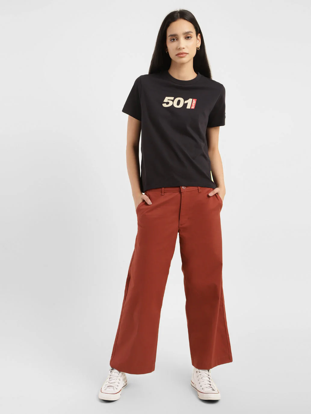 Women's Mid Rise Brown Loose Fit Trousers - Image 2