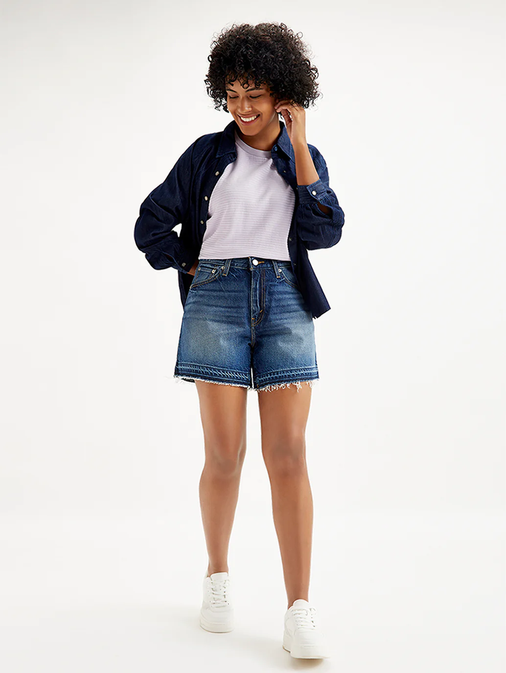 Women's Mid Rise Navy Relaxed Fit Denim Shorts - Image 2