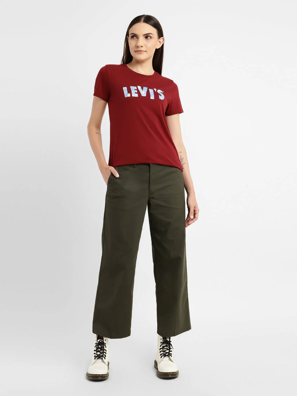 Women's Mid Rise Olive Relaxed Fit Trousers - Image 2