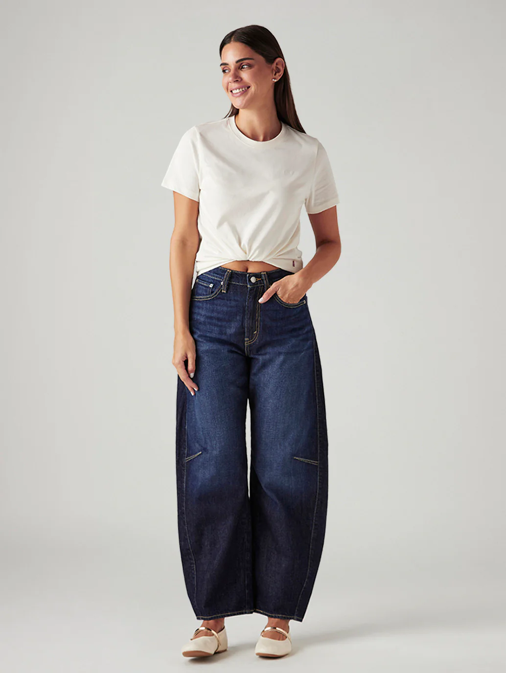 Women's Dark Indigo Cinch Baggy Dad Barrel Mid Rise Jeans