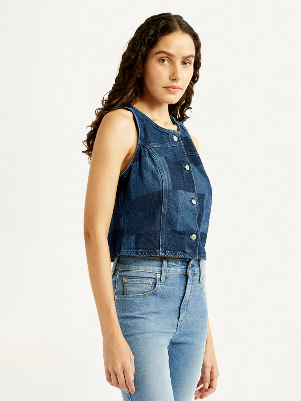 Women's Plaid Dark Blue Round Neck Top - Image 4