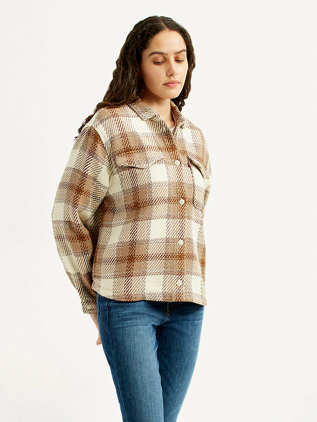 Women's Plaid Light Brown Slim Fit Shirt - Image 5